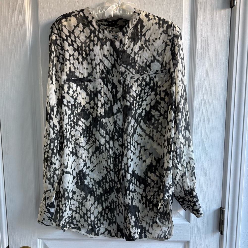 Vince Silk Blouse Tunic Basketweave Button Down Abstract Black Tan Ivory Sz 10